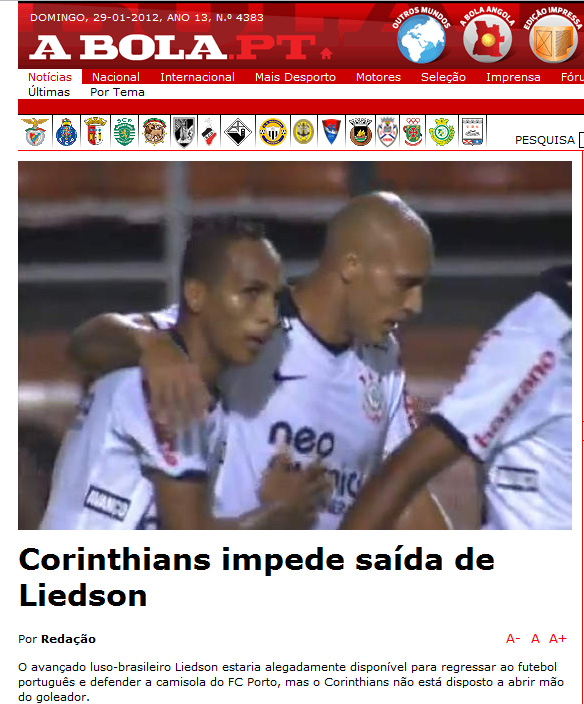 Matéria do jornal A Bola, de Portugal, noticia a tentativa de negociação com Liedson