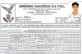Ficha de inscrição do Kleber na Gaviões da Fiel Torcida