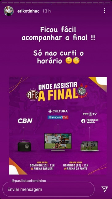 Érika postou em seu Instagram sobre o horário da grande final