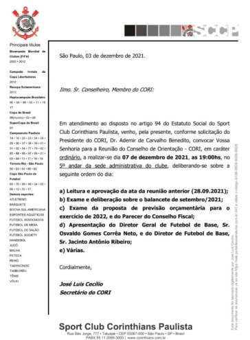 Documento enviado aos membros do Conselho de Orientao (CORI) do Corinthians que o portal Meu Timo teve acesso