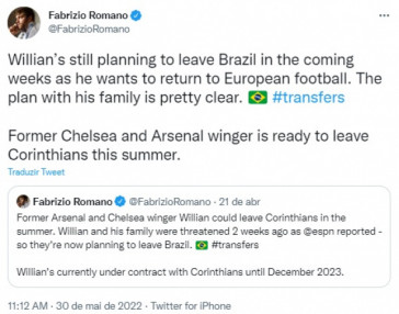 Jornalista Fabrizio Romano afirmou que Willian quer deixar o Brasil na prxima janela de transferncia