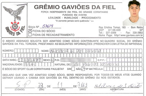 Ficha de inscrição do Kleber Gladiador nos Gaviões