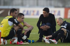 Durante o treino desta tarde no CT Joaquim Grava, no Parque Ecolgico do Tiete. O prximo jogo da equipe ser amanh, quarta-feira, dia 17/07, no estdio do Pacaembu, contra o So Paulo, jogo da volta vlido pela Recopa 2013