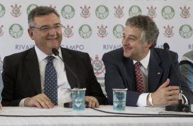 Os presidentes do Corinthians Mario Gobbi, e do Palmeiras, Paulo Nobre, acompanhados dos respectivos treinadores, Mano Menezes e Gilson Kleina, concedem entrevista coletiva no Salao Nobre do Pacaembu, esta manha. O prximo jogo da equipe ser dia 16/02, domingo, contra Palmeiras, no estdio do Pacaembu, vlido pela 8 rodada do Campeonato Paulista 2014