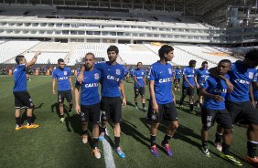 Durante o primeiro treino esta manh na Arena Corinthians, zona leste de So Paulo. O prximo jogo da equipe ser amanh, domingo, dia 16/03, contra a Penapolense, no estdio Tenente Carrio, vlido pela 14 rodada do Campeonato Paulista 2014