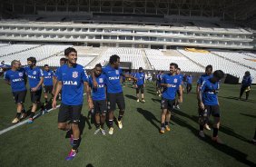 Durante o primeiro treino esta manh na Arena Corinthians, zona leste de So Paulo. O prximo jogo da equipe ser amanh, domingo, dia 16/03, contra a Penapolense, no estdio Tenente Carrio, vlido pela 14 rodada do Campeonato Paulista 2014