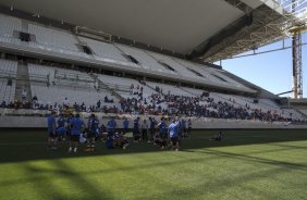 Durante o primeiro treino esta manh na Arena Corinthians, zona leste de So Paulo. O prximo jogo da equipe ser amanh, domingo, dia 16/03, contra a Penapolense, no estdio Tenente Carrio, vlido pela 14 rodada do Campeonato Paulista 2014