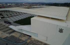 Destaque para o escudo do Corinthians na lateral da Arena Corinthians