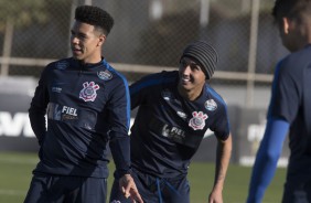 Marquinhos Gabriel e o jovem Marciel no treino desta tarde, no CT