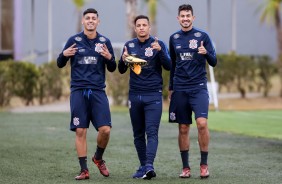 Marciel, Arana e Pedro Henrique no treinamento desta tarde no CT