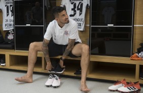 Pedro Henrique no vestirio da Arena Corinthians antes do jogo contra o Mirassol