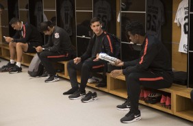 Jogadores no vestirio da Arena Corinthians antes do duelo contra o Millonarios