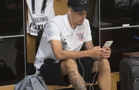 Thiaguinho no vestirio da Arena Corinthians antes do jogo contra o Grmio