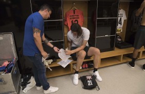 Cássio no vestiário da Arena Corinthians antes do duelo contra a Ponte Preta, pelo Paulistão