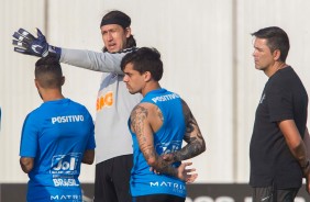 Cssio, Fagner e Clayson durante o treinamento do Corinthians