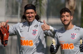 Cássio e Caíque França no treino desta terça-feira no CT Joaquim Grava