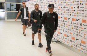 Janderson, Sornoza e Avelar chegando  Arena Corinthians para duelo contra o Flamengo