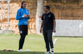 Goleiro Cássio e treinador Fábio Carille no último treino antes do jogo contra o Lara