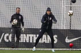 Cssio e preparador de goleiros Leandro Idalino no ltimo treino preparatrio para embate de quinta