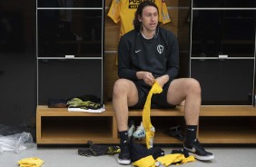 Cássio no vestiário da Arena Corinthians antes de enfrentar o Vasco, pelo Brasileirão