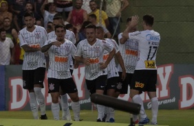 Corinthianos durante comemorao do gol no jogo contra o Mirassol