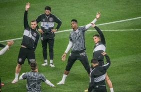 Timo no aquecimento para duelo contra o Palmeiras, pela final do Paulisto