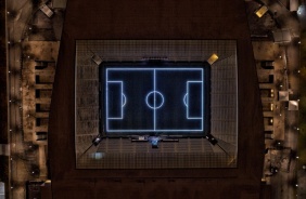 Imagem aérea da Arena Corinthians na noite de anúncio do Naming Rights