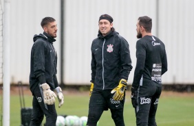 Guilherme, Cássio e Walter no primeiro treino do Corinthians depois da goleada para o Flamengo