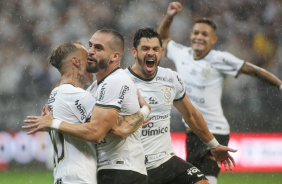 Rger Guedes, Giuliano e Renato Augusto felizes em empate do Corinthians com o Palmeiras no Paulist