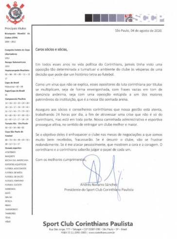 Andrés Sanchez escreveu uma carta aos associados do Corinthians, rebatendo críticas de um dos grupos de oposição do clube