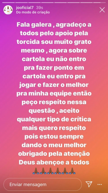 Jô pediu respeito após críticas por desempenho no Cartola FC