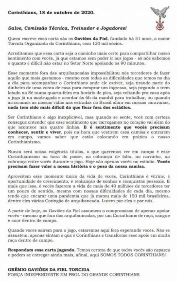 Carta divulgada pela Gaviões da Fiel
