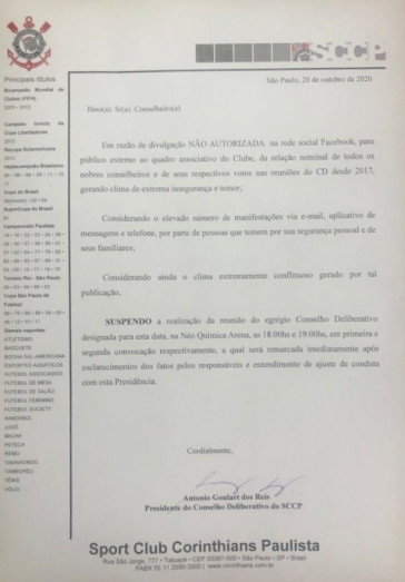 Comunicado que adiou reunião do Conselho Deliberativo