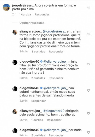 Diogo discutiu com uma torcedora do Corinthians nas redes sociais