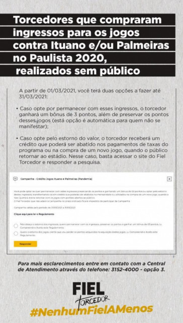 Corinthians define data limite para ressarcir torcida por ingressos adquiridos em 2020