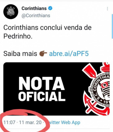 Twitter oficial do Corinthians no dia 11 de maro de 2020, anunciando a transferncia de Pedrinho ao Benfica-POR