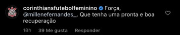 O perfil oficial do Corinthians Feminino desejou pronta recuperao  Millene
