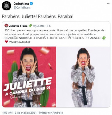 Corinthians parabeniza Juliette Freire por conquistar o BBB 21