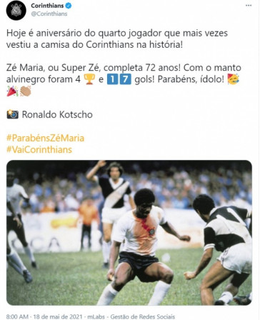 Corinthians fez post para Zé Maria no Twitter