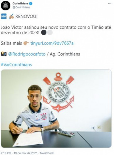 Corinthians confirmou a renovação de João Victor até o final de 2023