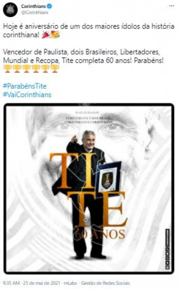 Corinthians parabeniza Tite por aniversário