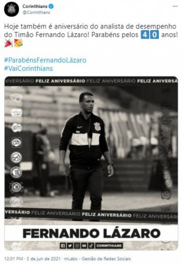 Corinthians parabeniza Fernando Lzaro por aniversrio de 40 anos