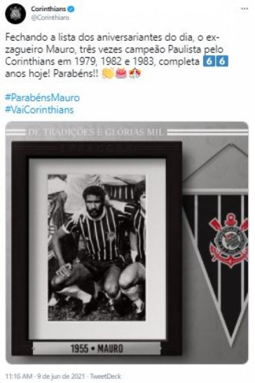 Corinthians parabeniza Mauro por aniversrio de 66 anos