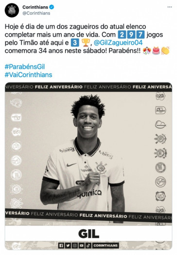 No Twitter, Corinthians parabenizou o zagueiro Gil pelo aniversrio de 34 anos