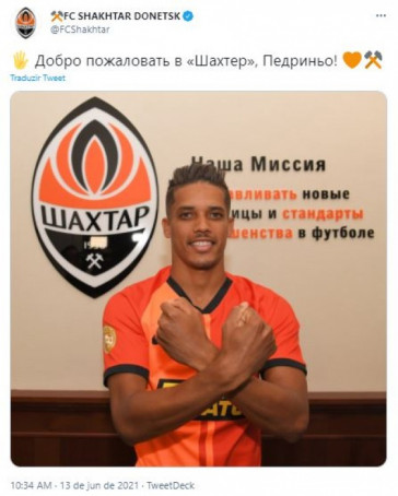 Bem-vindo ao Shakhtar, Pedrinho!, diz a publicação do clube ucraniano