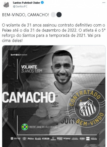 Camacho foi anunciado no Santos