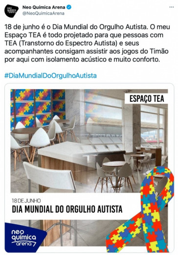 Publicação da Neo Química Arena celebrando o Dia Mundial do Orgulho Austista