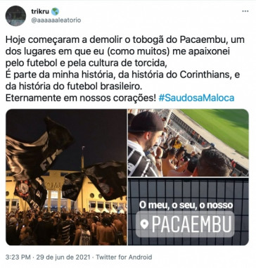 torcida do Corinthians repercute demolição do tobogã