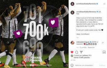 Corinthians feminino chegou a marca de 700 mil seguidores