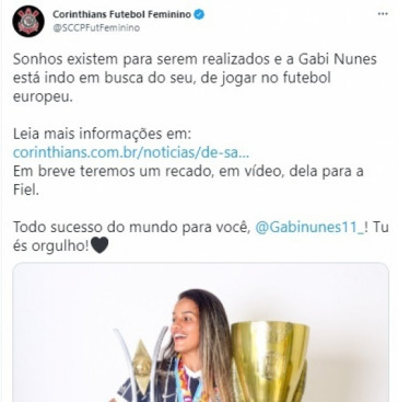 Corinthians anunciou a sada de Gabi Nunes pelas redes sociais